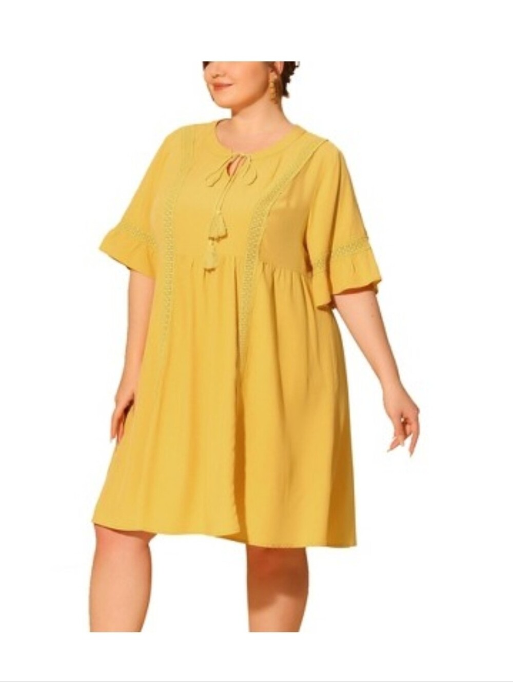Agnes Orinda Plus Size Ruffle Short Sleeve Lace V Neck Midi Dress Yellow